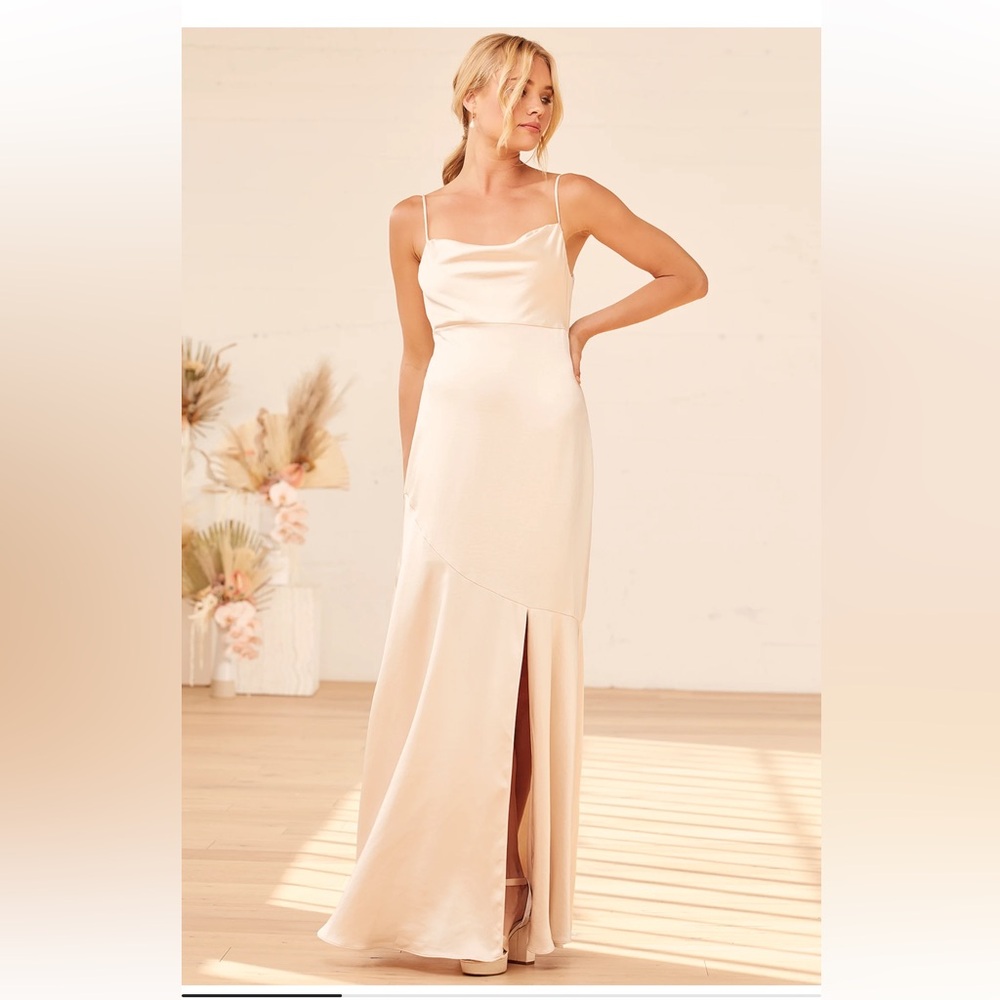 Moment in the Spotlight Champagne Satin Cowl Neck Maxi Dress
